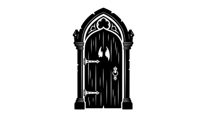 Fototapeta premium Gothic Doorway Mystery: An old, weathered gothic wooden door, with ornate iron hinges and a decorative knocker, stands as an inviting yet mysterious portal.