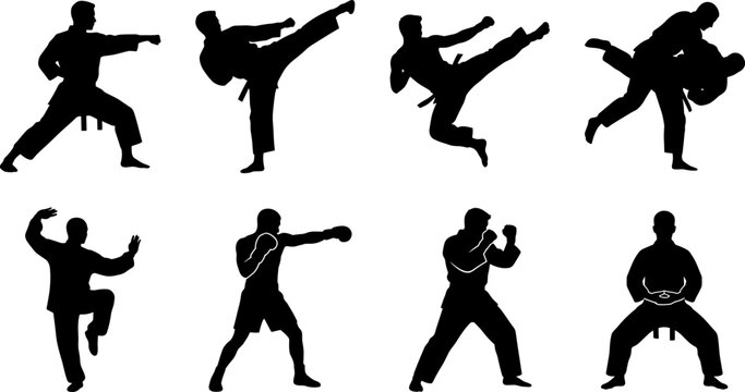 Martial arts silhouettes collection featuring karate judo boxing and kung fu fighters in combat poses