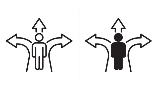 Decision Point: Two stylized figures, one in white and one in black, stand at a crossroads, each facing three diverging paths indicated by arrows, symbolizing choice and direction.