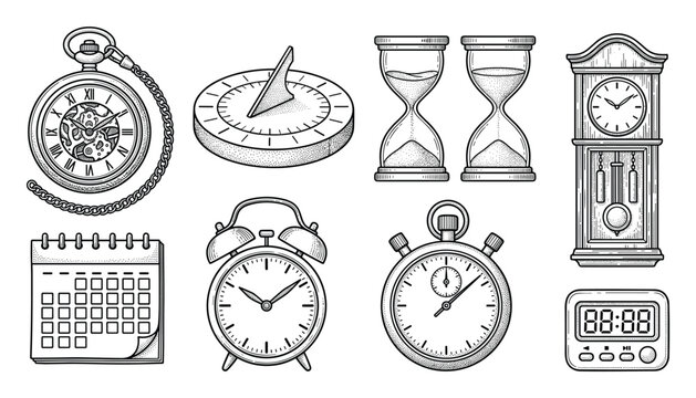 Collection of vintage timekeeping devices including pocket watch sundial hourglasses grandfather clock and stopwatch vector.