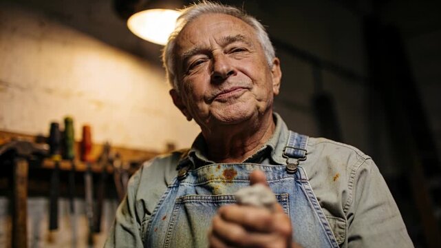 After finishing work wiping carpenter in stained overalls wringing dirty rag under lamp, pondering