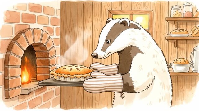 Badger baker preparing freshly baked pie with care in cozy oven kitchen