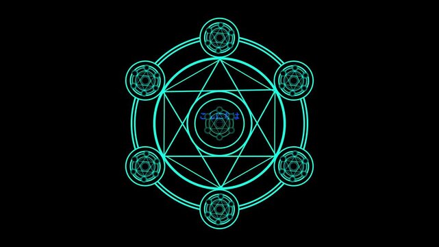 Cyan geometric alchemy circle with inner star on black. Mystic cyan geometric alchemy circle for traditional occult spell visuals. Simple cyan geometric alchemy circle.