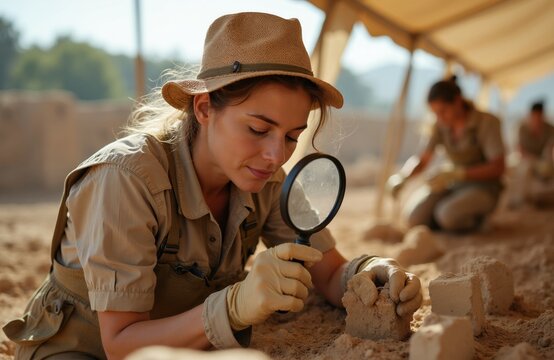 Woman archaeologist studies dirt with magnifying glass. Team digs at ruins site under tent. Researching past discoveries, uncovering ancient history with tools and brushes.