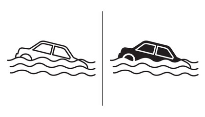 Fototapeta na wymiar Flood Damaged Car Icons: Two simple line-art icons depict a car submerged in water, symbolizing flood damage and the impact of natural disasters on vehicles.