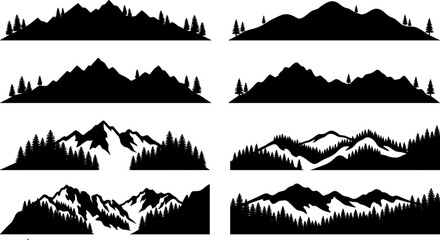 Mountain range silhouettes and pine forest borders vector icons set for outdoor adventure and nature landscape designs © fulbabu