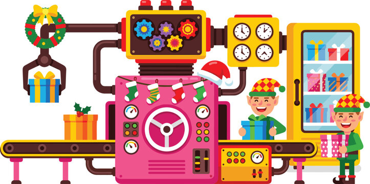Santa helper elf working at Christmas gift factory machine conveyor belt vector illustration with holiday presents and decorations isolated on white