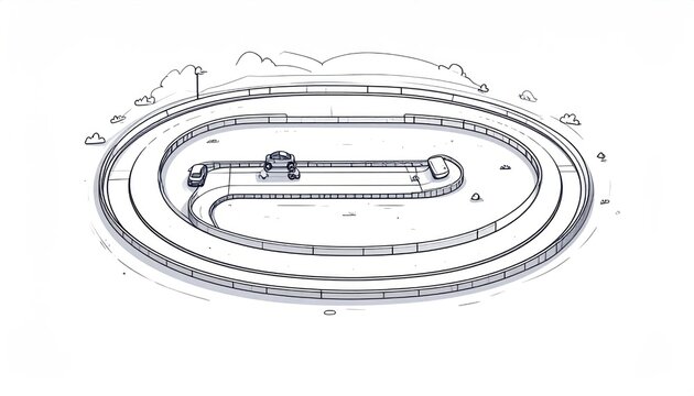 Hand-drawn sketch of an oval test track with multiple lanes winding paths and two cars presented in a monochrome line art style for transportation concepts