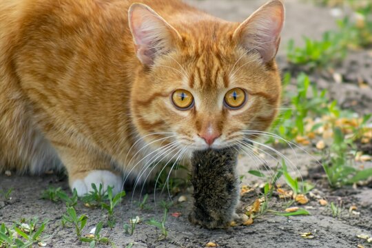 Ginger tabby cat holding a caught mouse in its mouth outdoors