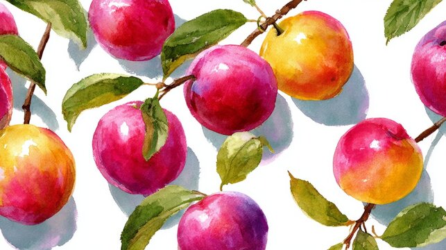 Watercolor pattern fresh red peaches and green leaves on a white background. Vibrant fruit illustration with a natural, artistic style perfect for textiles, wrapping paper, packaging, kitchen decor.