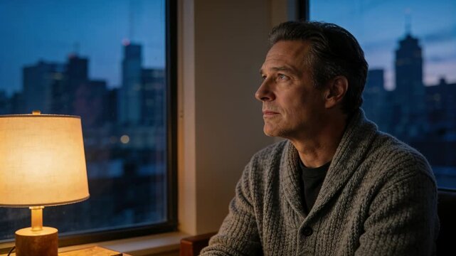 Dusk falling motivating midlife man in cardigan gazing out window at table, lamp casting warm glow