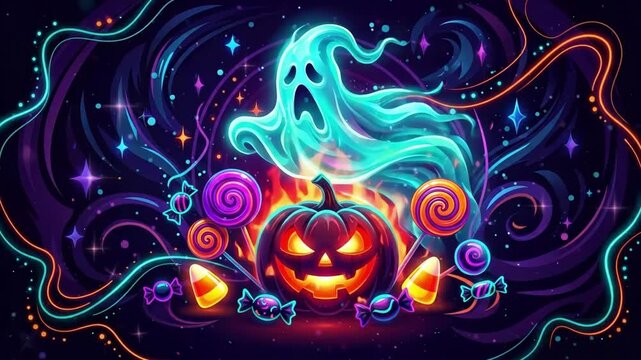 Glowing jack-o-lantern with carved face surrounded by colorful candies and floating ghost. Halloween festive scene in neon style. Spooky holiday illustration for seasonal decorations and greetings