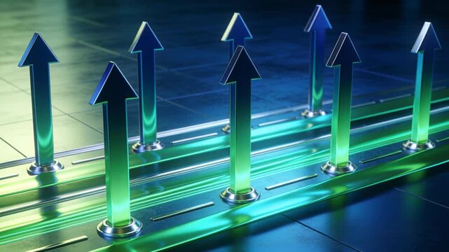 Reacting to traveling teal band, metallic arrows glowing brighter on CGI floor, suggesting ascent