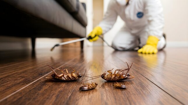 Pest control professional spraying insecticide on dead cockroaches on a wooden floor in a house