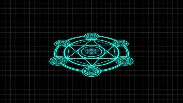 Cyan geometric alchemy circle with grid background panel. Technical cyan geometric alchemy circle for advanced magic user dashboards. Tech cyan geometric alchemy circle.