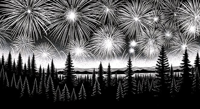 Fireworks display over a forest landscape at dusk