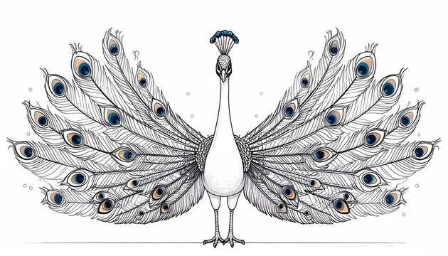 Elegant white peacock illustration with fanned tail feathers detailed eye-spots and intricate line art on a clean background.