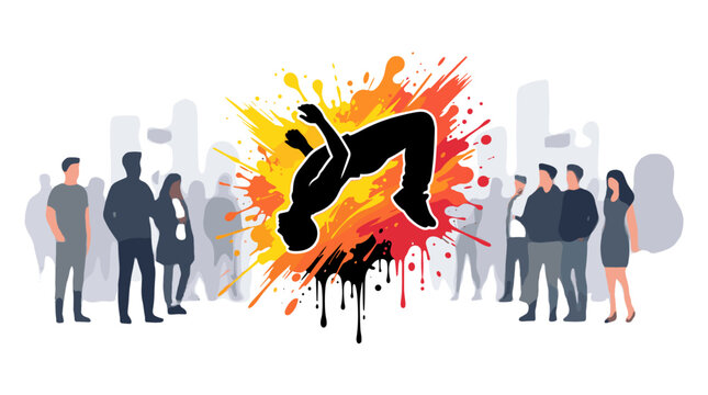 Silhouette of a man performing a backflip with a colorful explosion behind him.