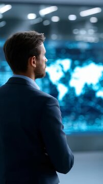 A professional man in a suit observes a futuristic digital screen with a glowing world map in a high tech office. The scene represents global business, innovation, and strategic decision making