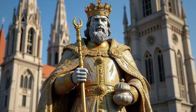Statue of Charlemagne in regal attire, holding scepter and orb. Ornate armor with gold trim reflects sunlight. Imposing figure stands before European cathedral spires under clear blue sky.
