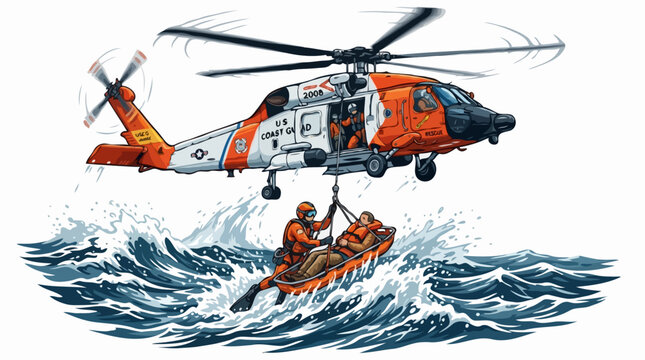 A rescue helicopter in mid-air lowers a rescuer and a person in a stretcher to the choppy sea below. The helicopter is white and orange, and the rescuer is wearing an orange uniform.