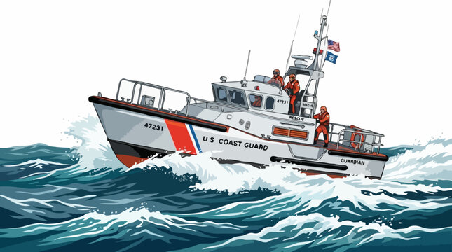 A US Coast Guard cutter navigates through choppy waves on the open sea, showcasing its robust design and operational capability in challenging maritime conditions
