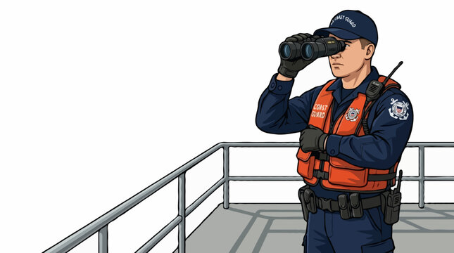 A coast guard officer in uniform wearing a life vest and binoculars looks out to sea, standing on the deck of a boat. His mission is to protect and serve, ensuring safety on the water.