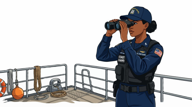 A Coast Guard officer uses binoculars to scan the horizon from the deck of a ship. The officer wears a blue uniform and a cap, and a life preserver and buoy are visible on the deck