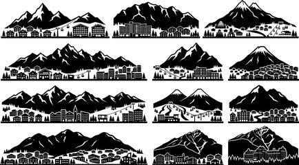 Mountain resort silhouettes collection featuring ski villages hotels cable cars and snow peak landscape vector icons © fulbabu