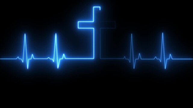 Abstract glowing neon heartbeat signal icon animation medical concept. blue neon cross with heartbeat line on dark background, symbolizing dedication in medical care and commitment to patient health