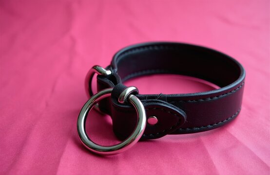 Black leather collar with metal rings rests on pink fabric background. Accessory features buckle closure and stitching detail. Fashionable item for personal expression or costume.