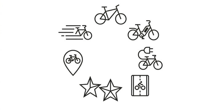 Geometric cycling icon collection with electric bike bike lane and award thin line vector