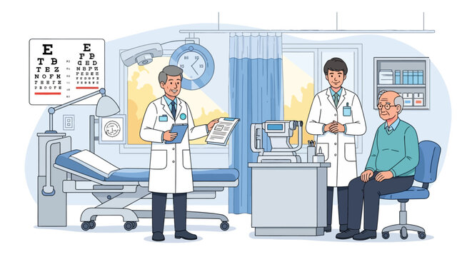 Doctor and patient in medical examination room with eye chart.