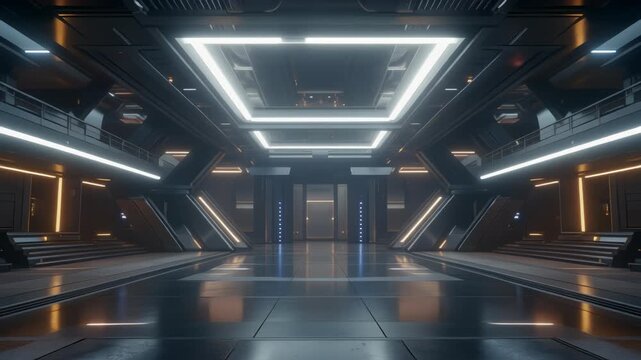 Futuristic Neon Corridor with Bright Reflections and Symmetrical Lighting.