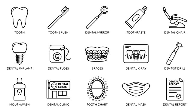 Dental icons, tooth and oral care symbols, 16 line style elements, dental clinic and medical illustrations