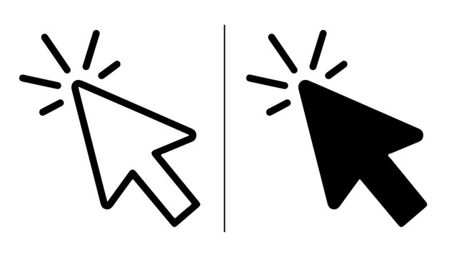 Cursor Icon Set: A set of two distinct cursor icons, one outlined and one solid black, both displaying the classic arrow pointer with radiating lines indicating a click action.