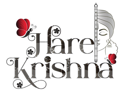 Hare Krishna Text Design Vector with Krishna Face and Flute Silhouette