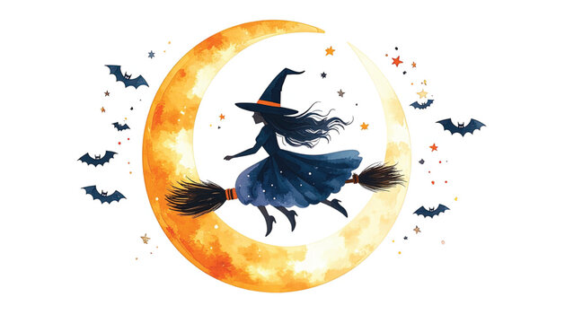 Witch flying on broomstick at night.