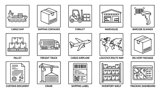 Logistics icons, shipping symbols, cargo illustrations, freight transport graphics, 16 delivery signs