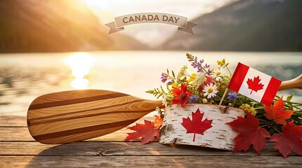 Obraz premium Canadian flag, birch wood featuring maple leaf design, colorful wildflowers, and wooden paddle arranged on rustic planking, commemorating Canada Day celebration by shimmering lake water at sunset.