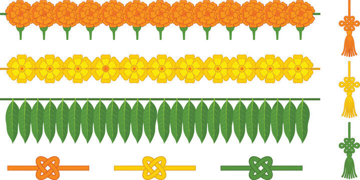 Indian festival marigold garland and mango leaves toran decoration vector setIndian festival marigold garland and mango leaves toran decoration vector set