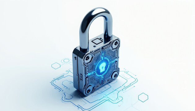 Metallic padlock icon with glowing blue digital circuit inside. Represents cyber security data protection and access. Isolated on white background with geometric tech lines.