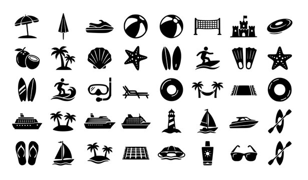 Beach and Jet Ski Silhouettes Vector Bundle with Sun Umbrella Sea Vacation and Tourism Icons
