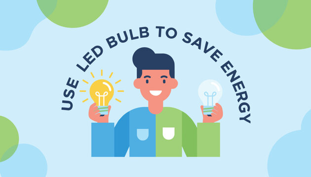 Wise young man advocating for energy conservation by comparing a modern glowing LED bulb with a dim old lamp.