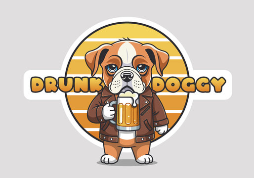 Vector cartoon cute sad standing dog in leather jacket with mug of beer. Drunk melancholy doggy. Intoxicating alcoholic drink. Sticker or emblem. Decal, toon coaster. Badge bar, pub