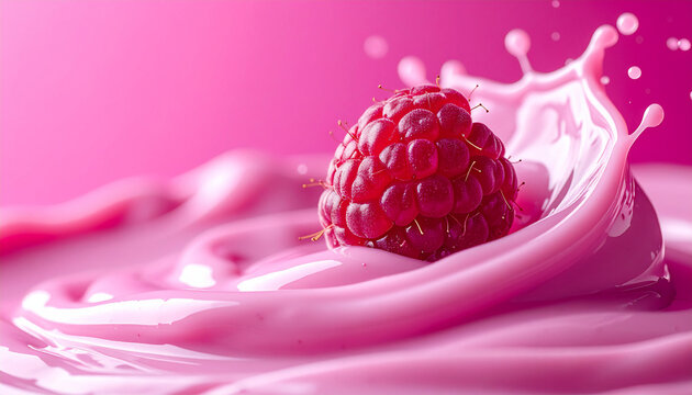 Abstrakte Studio-Makroaufnahme einer frischen Himbeere, die in cremige dunkelrosa Himbeercreme eintaucht, flie&szlig;ende Welle, monochrome Magenta-Farbpalette, einfarbiger magenta Hintergrund