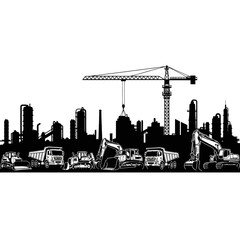 Obraz premium Industrial city silhouette with construction vehicles and crane