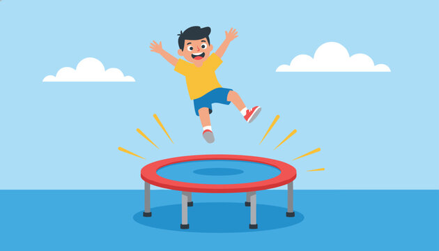 Cheerful young boy jumping high in the air on a backyard trampoline against a clear blue sky with fluffy white clouds.