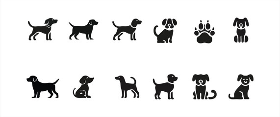 Obraz premium Dog head icons, pet shop logo, canine silhouettes, diverse breeds, animal symbols, vector illustration, black and white, A sleek, minimalist dog head silhouette vector showcasing sharp, clean lines an