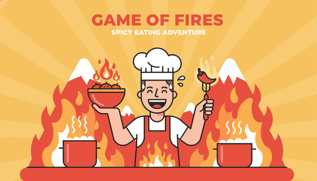 Energetic chef holding a bowl of spicy food and a chili pepper during a game of fires eating adventure event.